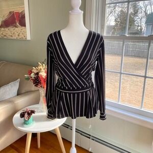 NWT H&M Black Striped‎ Tie Waist Long Sleeve Shirt Size XS Corporate Office